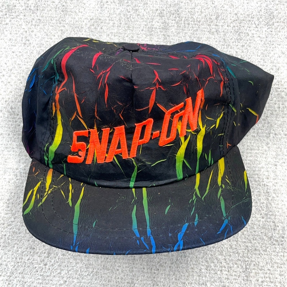 Vintage Snap On Tools Hat Cap SnapBack Black Nylon 90s Neon Spellout Tie Dye